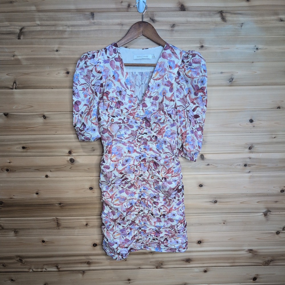 Bishop + Young Floral Ruched Puff Sleeve Mini Dress Purple Cream K1EDW2602 Small